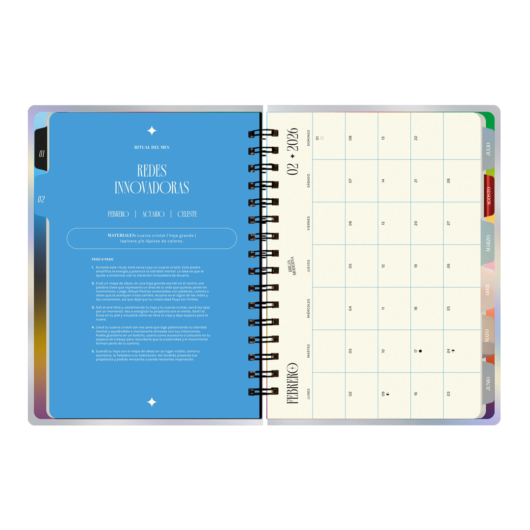 Ritual de febrero y calendario mensual de la agenda 2026 de la Bruja Moderna con formato a dos días por hoja