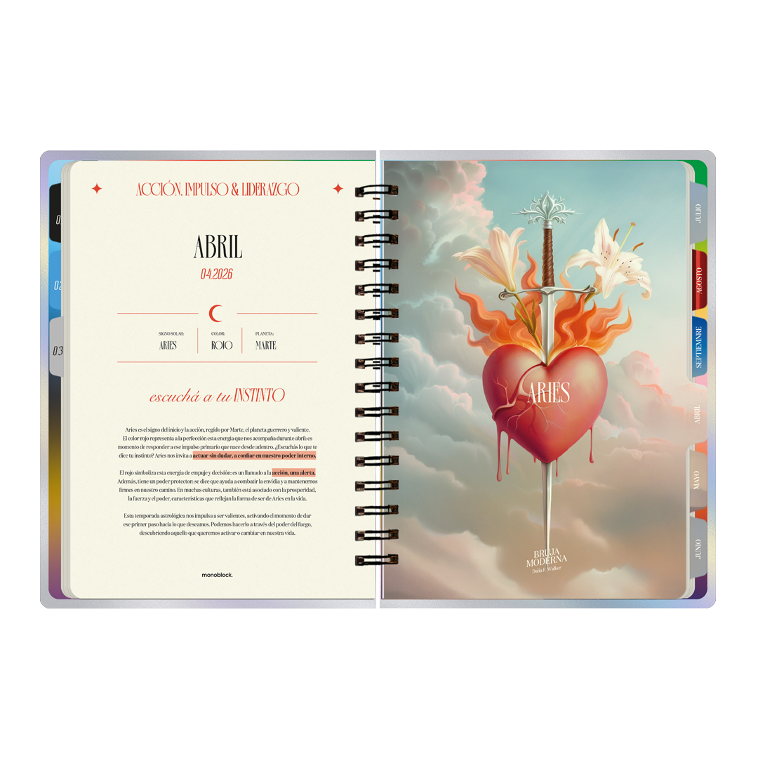 Portadilla de abril dedicada a aries en la agenda 2026 de la Bruja Moderna con formato a dos días por hoja