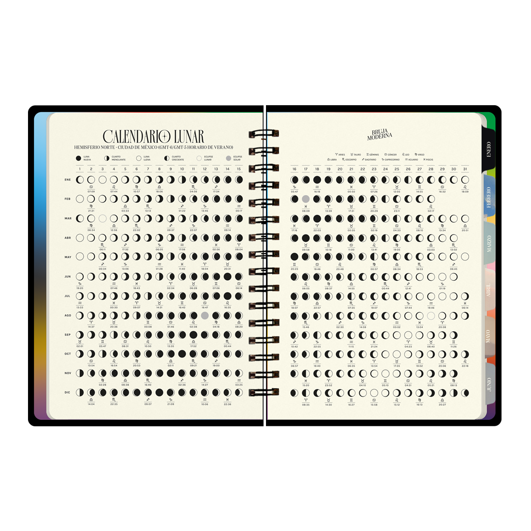 Calendario lunar de la agenda Astros 2026 de la Bruja Moderna con formato semanal