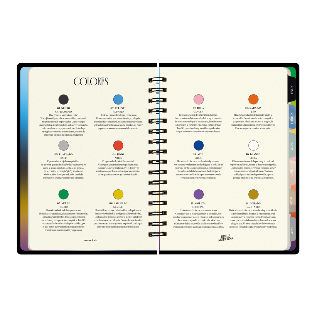 Doble página sobre la agia de los colores de la agenda Astros 2026 de la Bruja Moderna con formato semanal