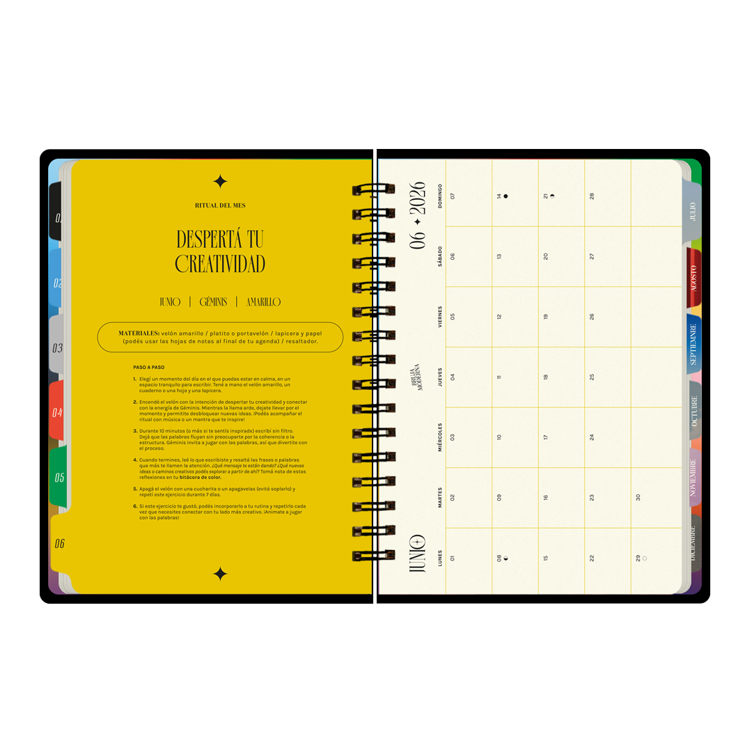 Ritual del mes de junio con calendario de la agenda Astros 2026 de la Bruja Moderna con formato semanal