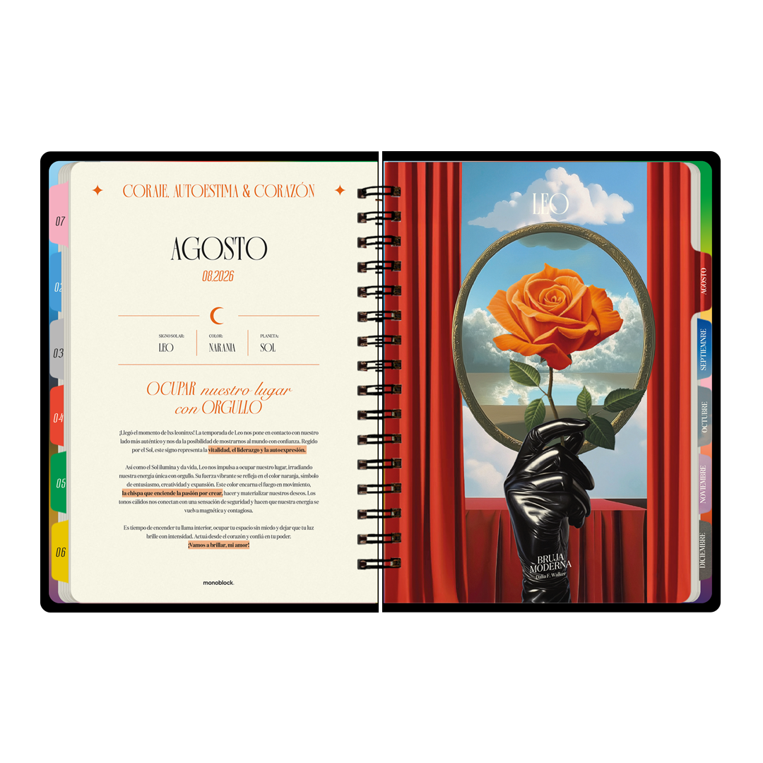 Portadilla de agosto, mes dedicado a Leo en la agenda Astros 2026 de la Bruja Moderna con formato semanal