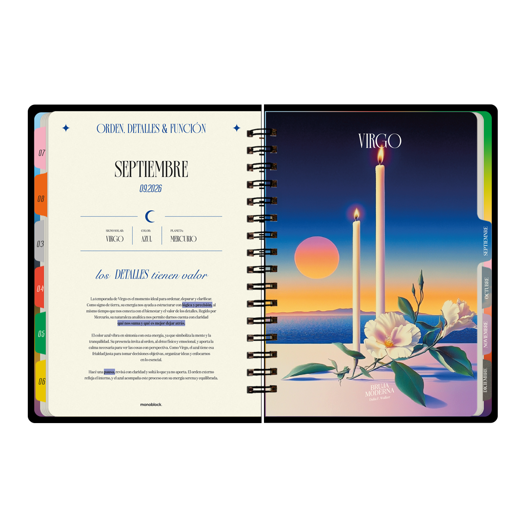 Portadilla de septiembre, mes dedicado a virgo en la agenda Astros 2026 de la Bruja Moderna con formato semanal