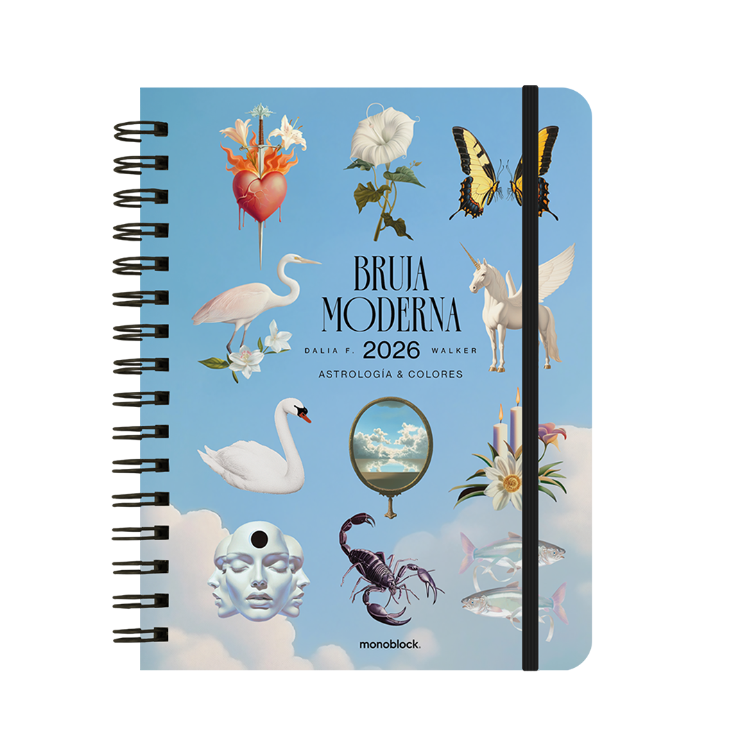 Agenda 2026 de la Bruja Moderna con formato semanal y portada de un cielo azul con elementos místicos