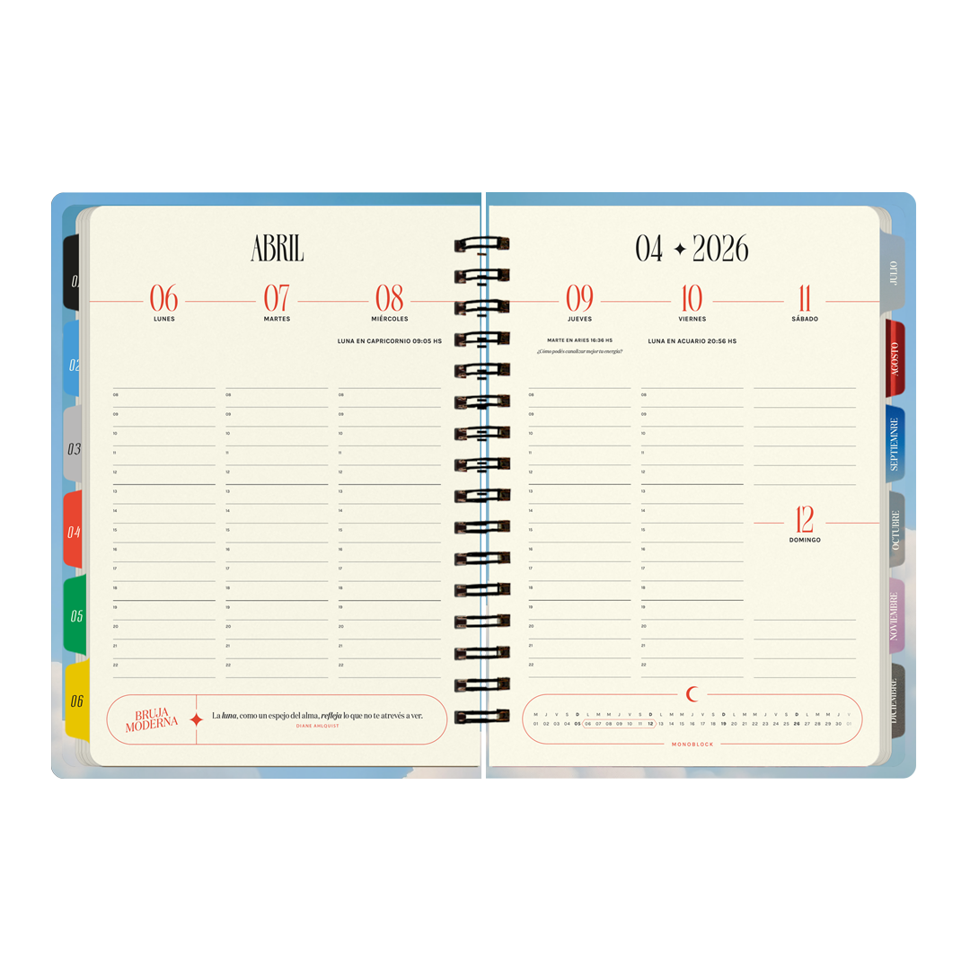 Interior a semana vista de la agenda 2026 de la Bruja Moderna con formato semanal