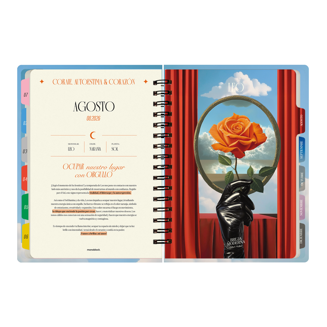 Portadilla de agosto, mes dedicado a Leo en la agenda 2026 de la Bruja Moderna con formato semanal