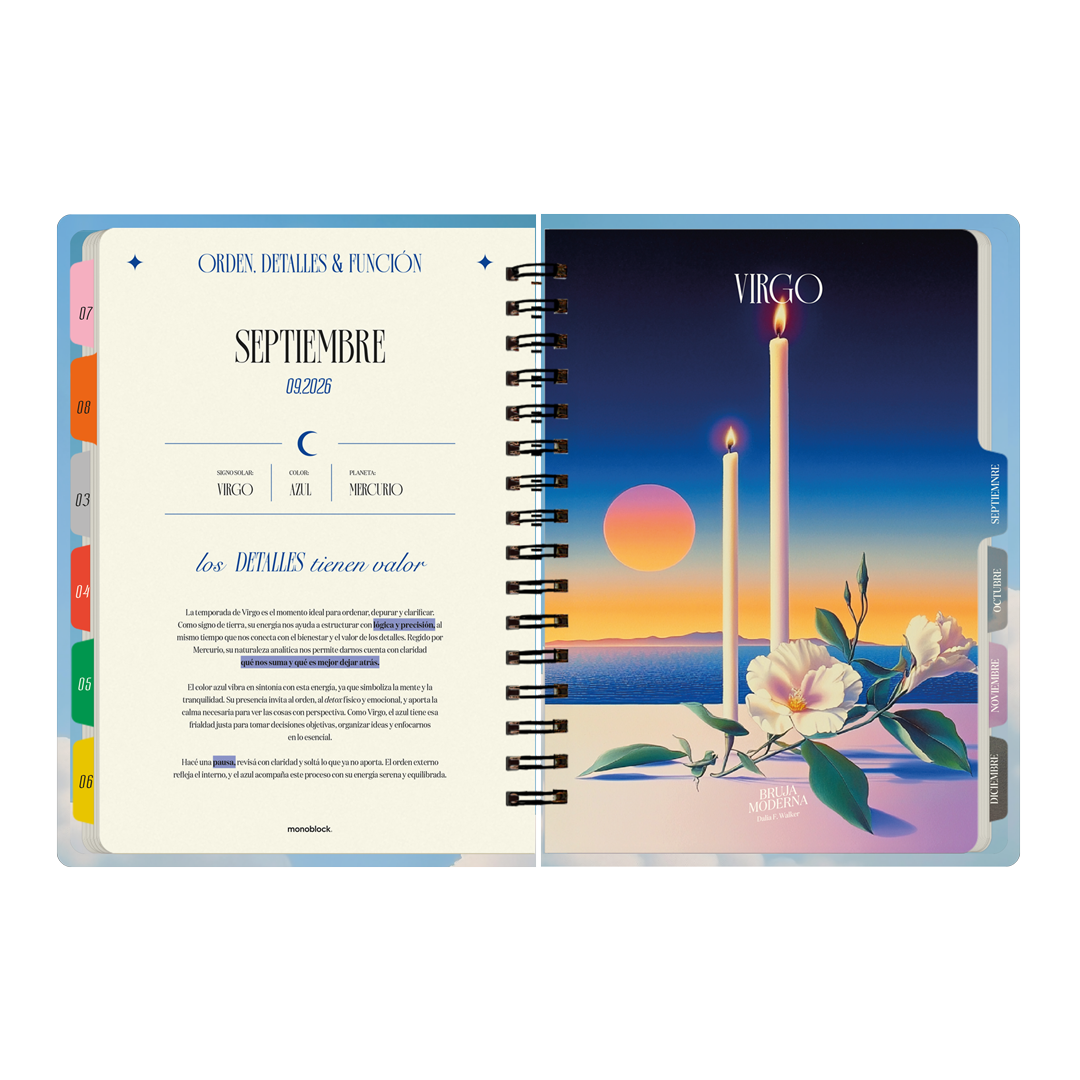 Portadilla de septiembre, mes dedicado a virgo en la agenda 2026 de la Bruja Moderna con formato semanal