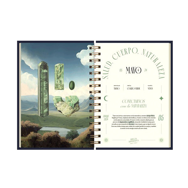 Portadilla del mes de mayo dedicado al cuarzo verde de la agenda de la Bruja Moderna 2024