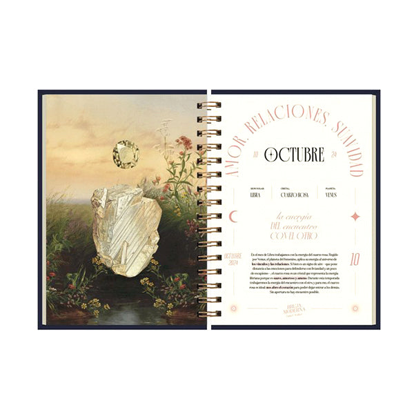 Portadilla de octubre dedicada al cuarzo rosa de la agenda de la Bruja Moderna 2024