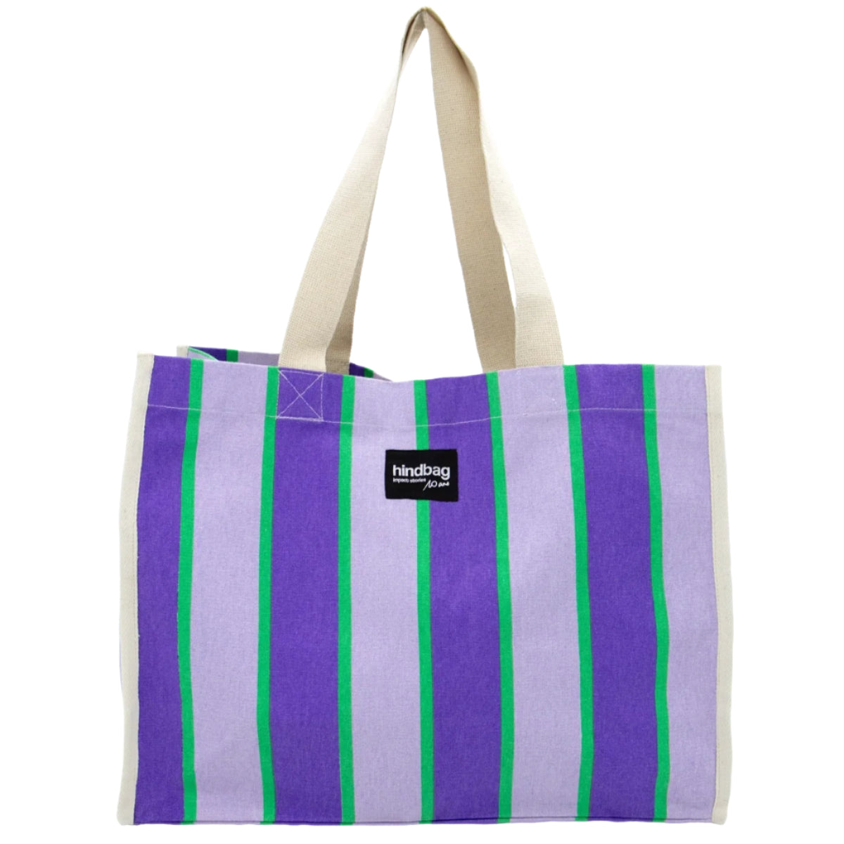 Bolso de playa de tela de la marca francesa hindbag a rayas moradas, violeta y verdes