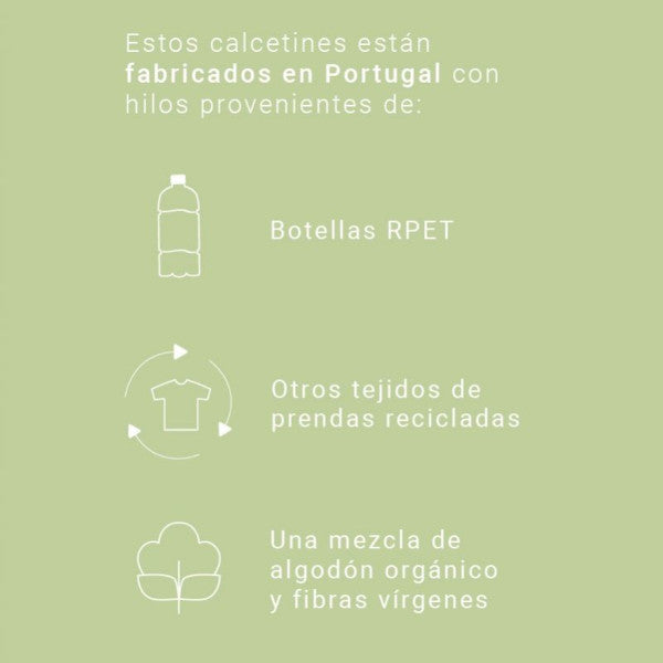 Especificaciones de los materiales reciclados usados para fabricar los Calcetines con estampado de huevos fritos y el mensaje Te quiero un huevo