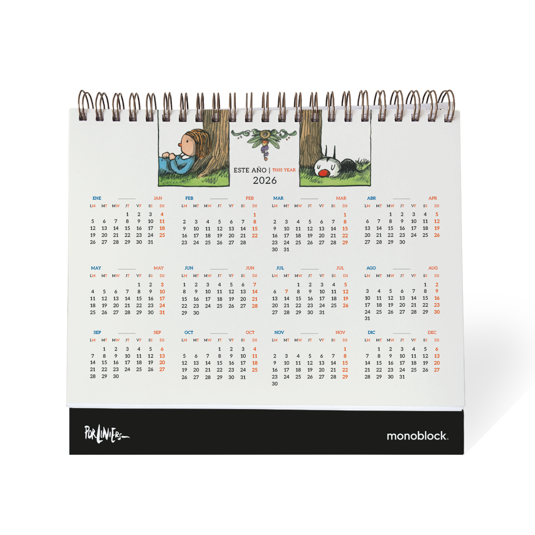 Calendario anual dentro del almanaque de mesa 2026 de Macanudo de Liniers