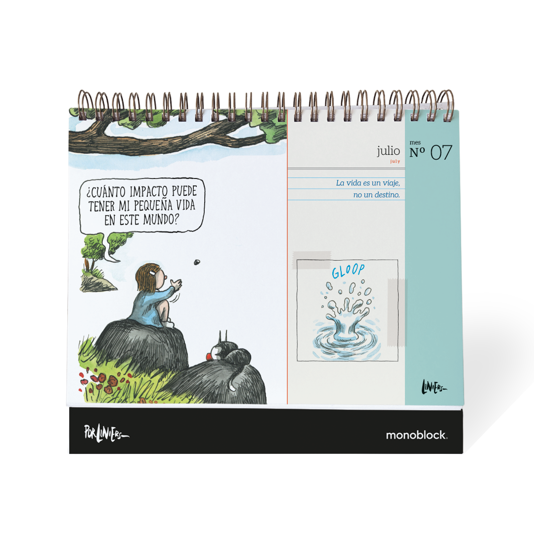 Portadilla del mes de julio del calendario de mesa 2026 de Macanudo de Liniers con reflexión de Enriqueta