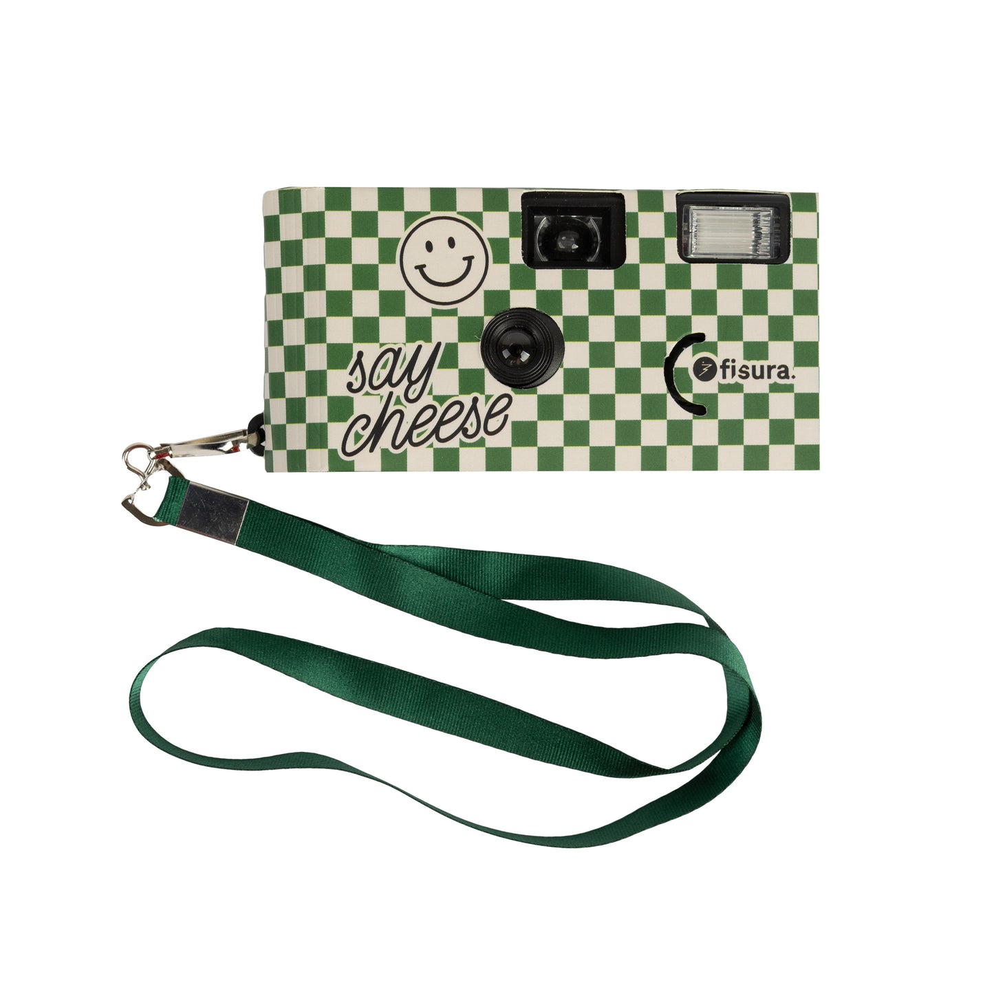 Cámara desechable con aires retro a cuadros verdes y beiges con correa para colgar y el mensaje Say Cheese junto a una carita sonriente de Fisura
