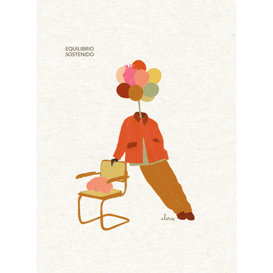 print de Alera Vida con el texto Equilibrio sostenido y una persona con la cabeza de globos y un corazón apoyada diagonalmente en una silla con un cerebro