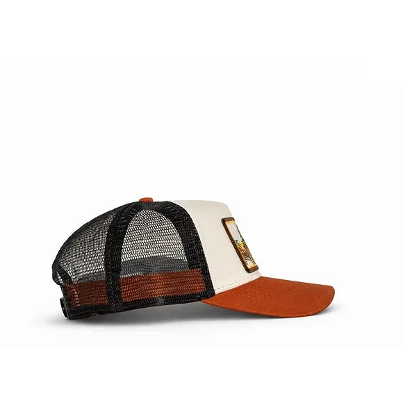 Vista lateral de gorra de Blocals con las letras Ciutat Vella València y dibujo de torre. Parte delantera blanca y visera marrón con laterales de rejilla negra.