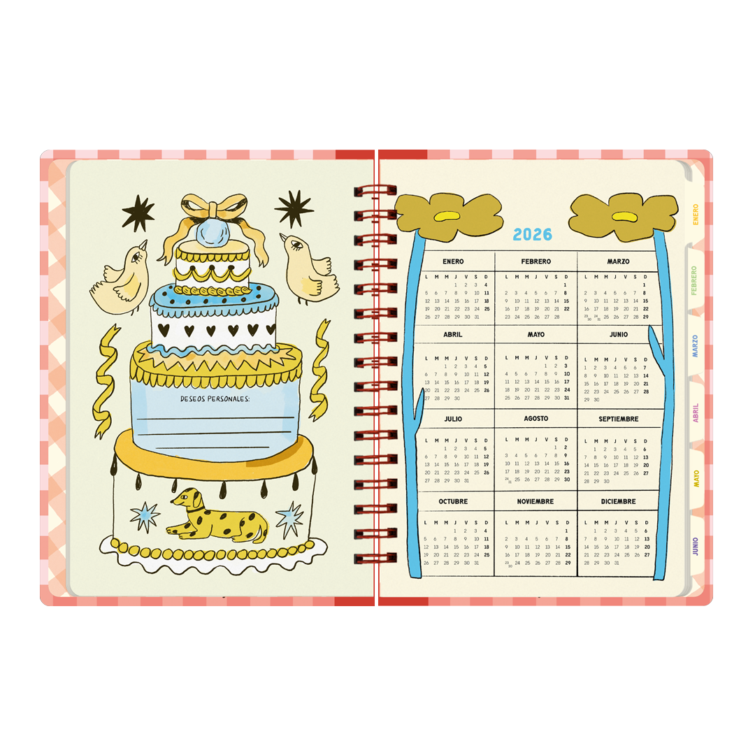 Páginas interiores de la agenda 2026 de Pepita Sandwich con ilustración de tarta de cumpleaños y calendario anual