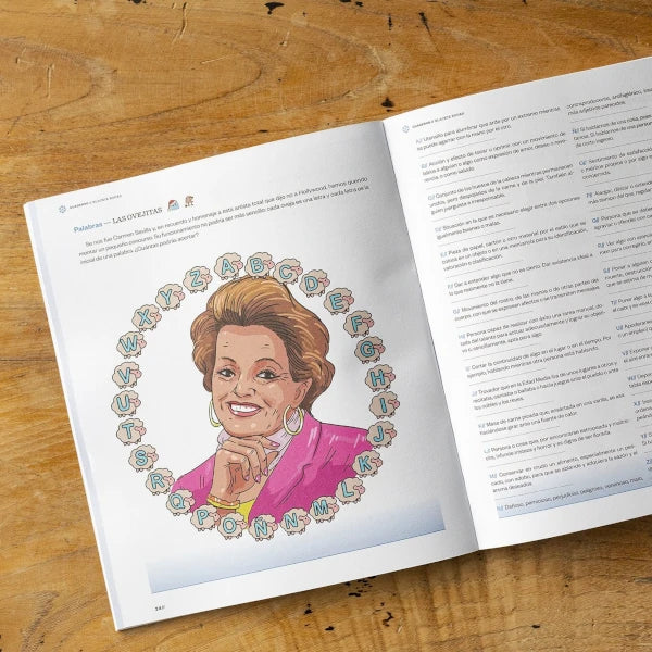 Página interior del cuaderno de pasatiempos de invierno de Blackie Books con juego de palabras como el pasapalabra con Carmen Sevilla