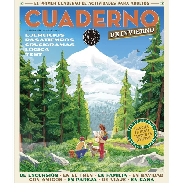 Portada del cuaderno de pasatiempos de invierno de Blackie Books con ilustración de una familia en un bosque con montañas nevadas de fondo