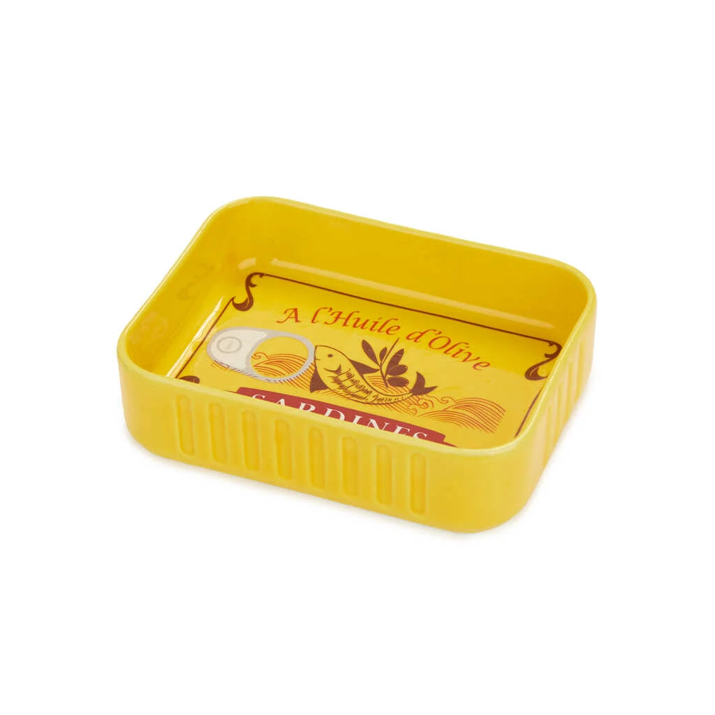 Cuenco de cerámica amarillo para aperitivo con forma de lata de sardinas
