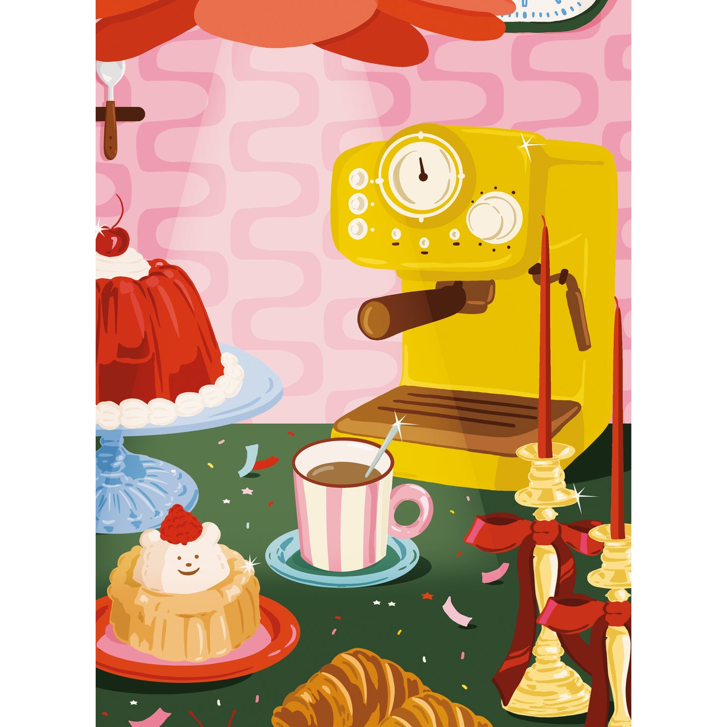 Detalle de la ilustración de una mesa de desayuno de Laura Ortiz con una cafetera amarilla, pasteles y candelabros