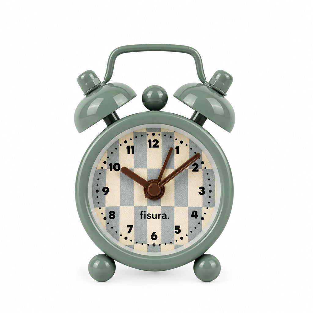 Mini reloj despertador estilo retro en colores gris y crema con manecillas marrones