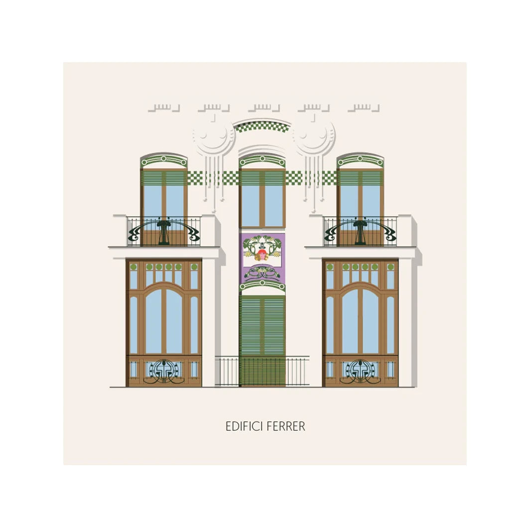 Postal con ventanas del modernista edificio Ferrer en la calle Cirilo Amorós de Valencia