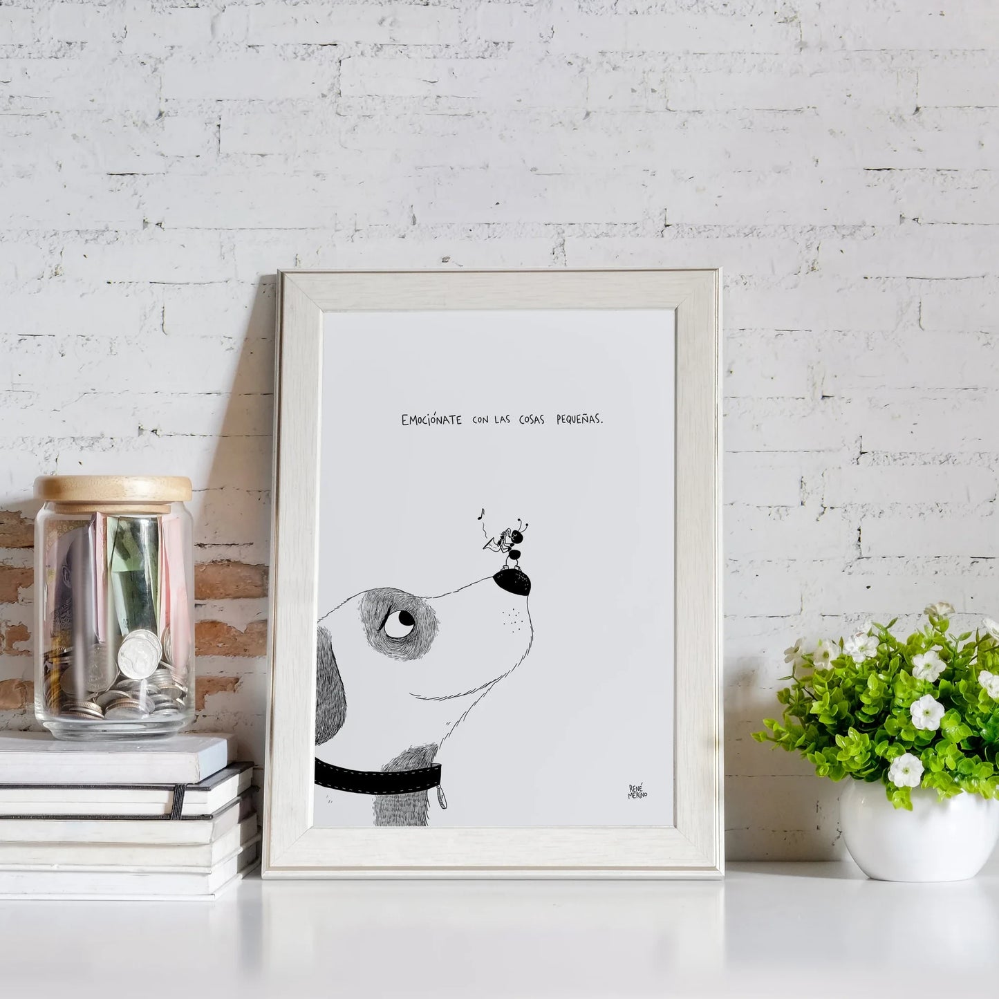 Print con ilustración de René Merino de un perro con una hormiga tocando el saxo en su nariz