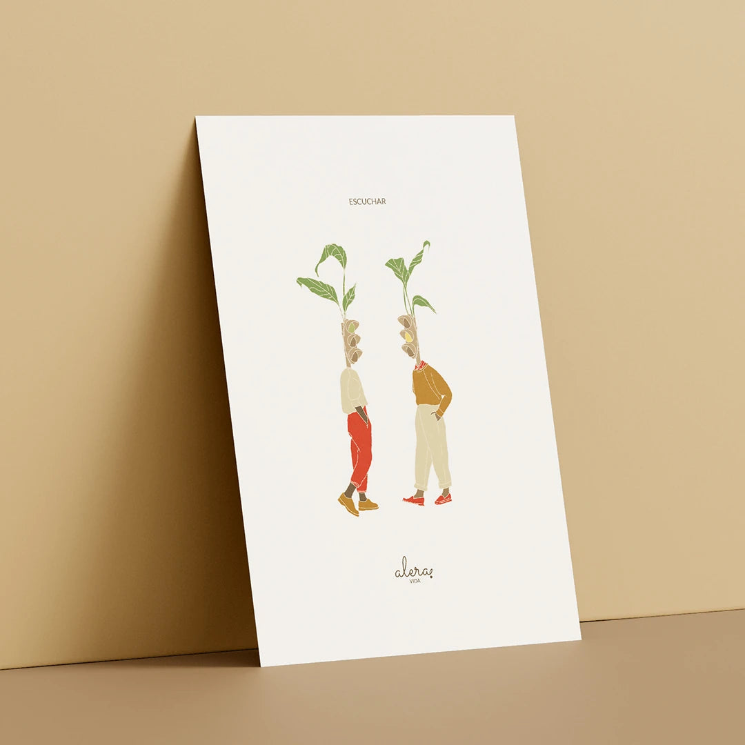 Postal de la artista Alera Vida con ilustración de dos personas con cabeza de semáforo en ámbar y en verde, hablando y el texto "escuchar"