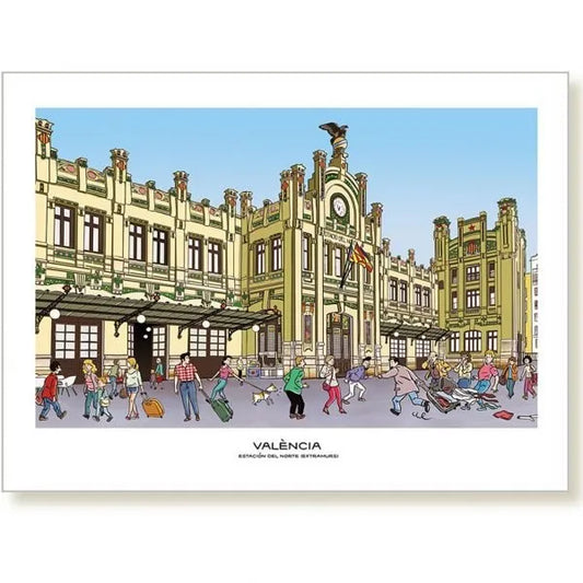 Ilustración de la plaza llena de gente y la fachada de la Estación del Norte en Valencia