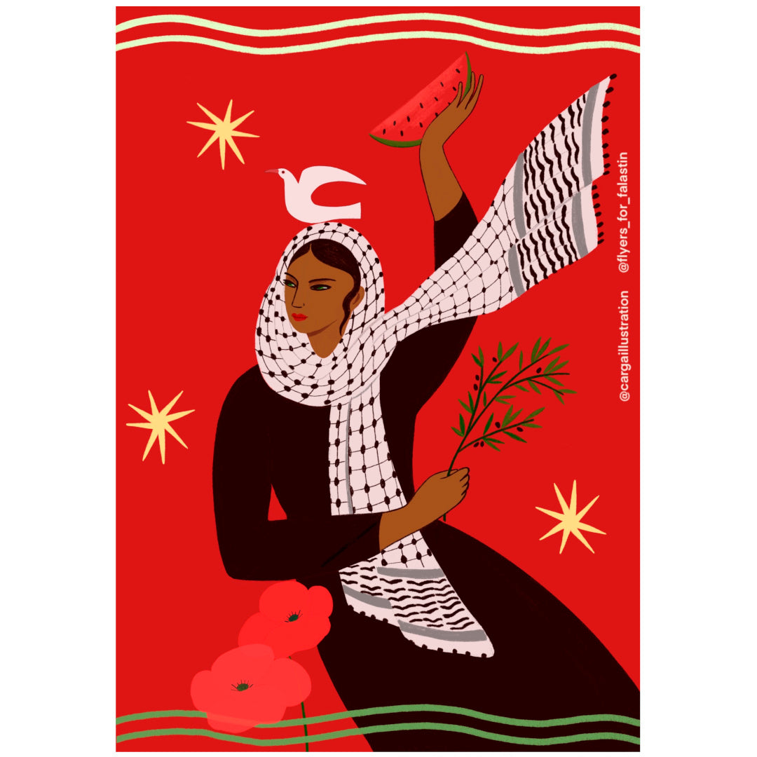 ilustración de mujer con pañuelo palestino sujetando sandía y con paloma blanca en la cabeza