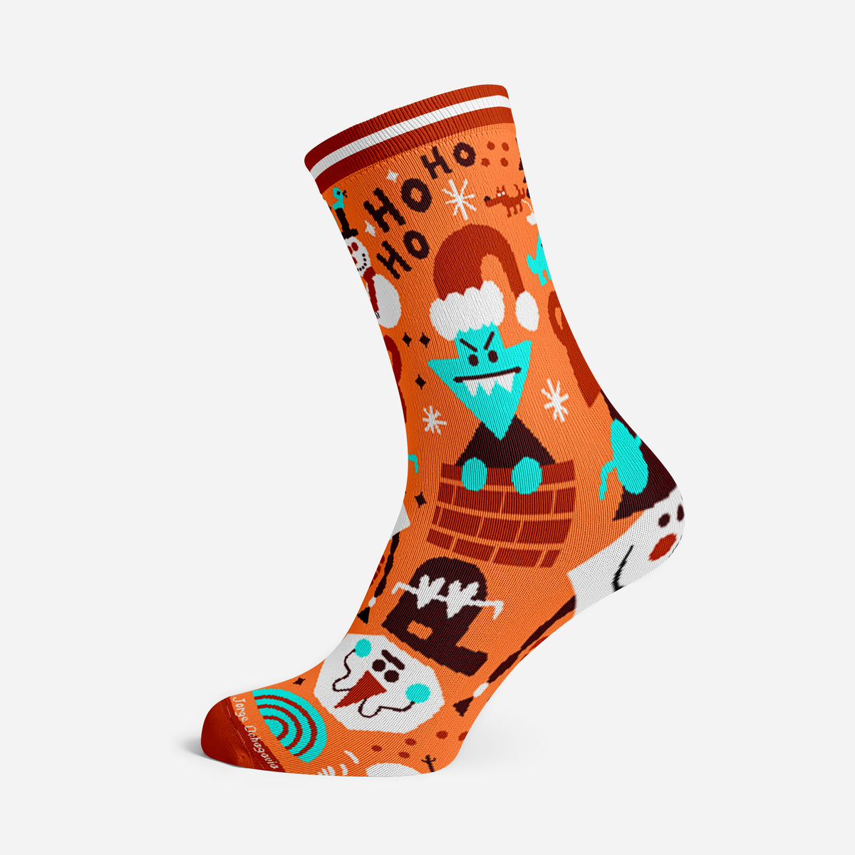 Calcetines Ho Ho Ho de Cha Chá Socks en naranja con personajes navideños, muñecos de nieve y detalles turquesa.