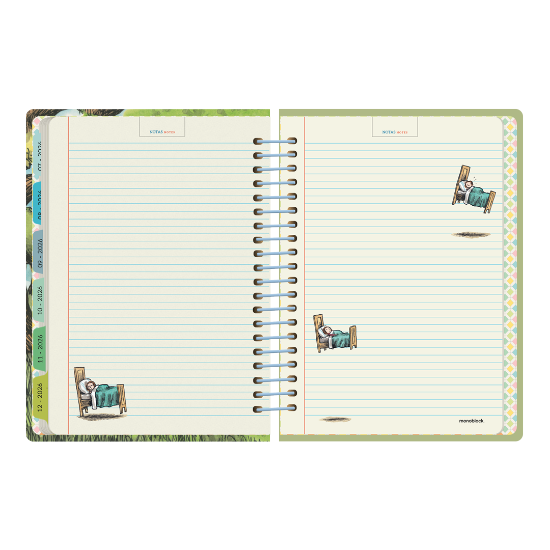 Doble página para notas de la agenda semanal 2026 Frase Célebre de Macanudo por el ilustrador Liniers