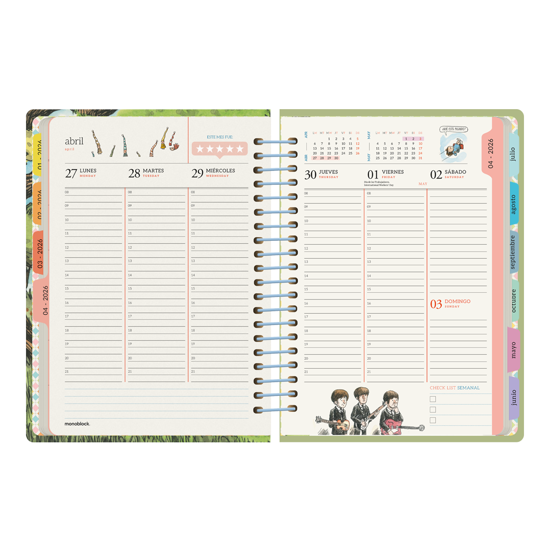 Portadilla de abril de la agenda semanal 2026 Hamaca de Macanudo por el ilustrador Liniers con chiste sobre Lego y Playmobil