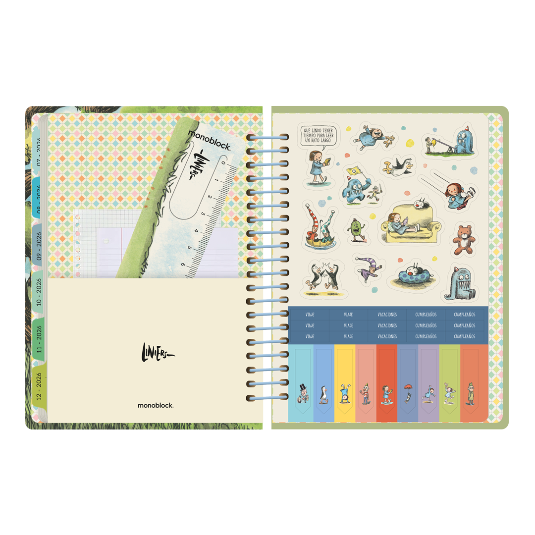Stickers y bolsillo interior en la agenda 2026 con organización semanal Hamaca de Macanudo por el ilustrador Liniers