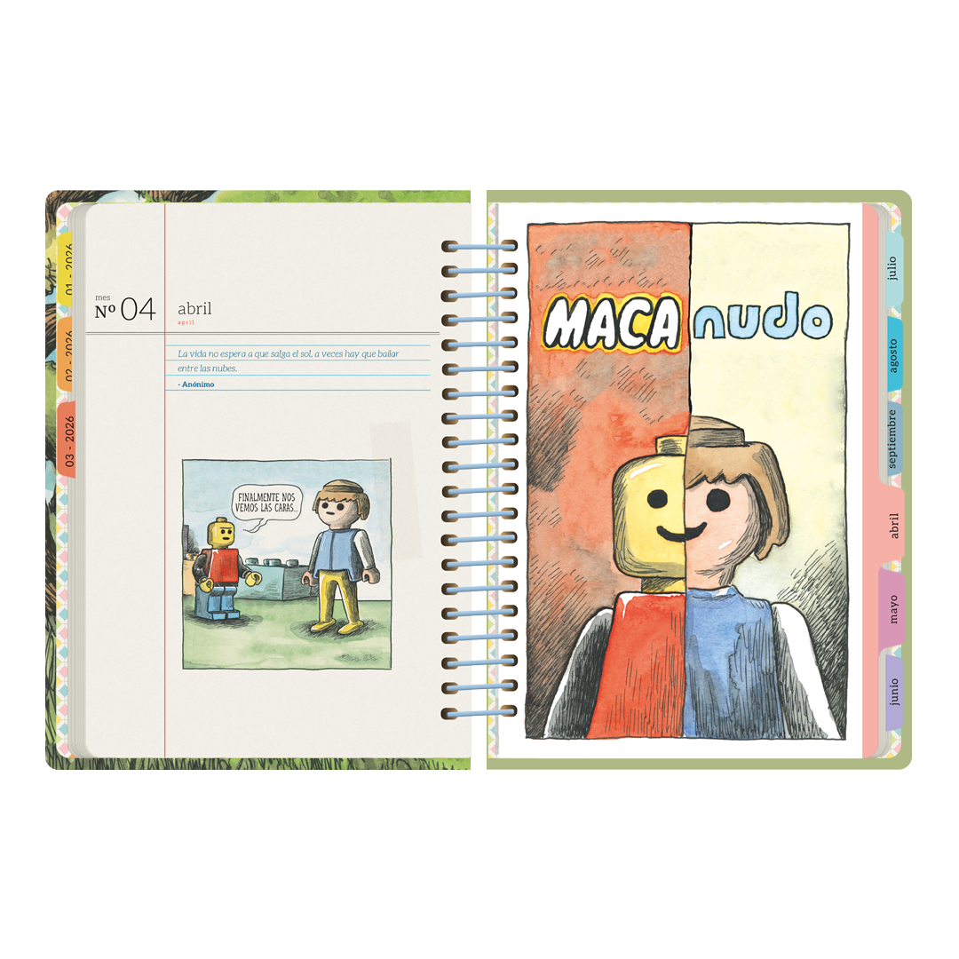 Portadilla de abril de la agenda semanal 2026 Hamaca de Macanudo por el ilustrador Liniers con chiste sobre Lego y Playmobil
