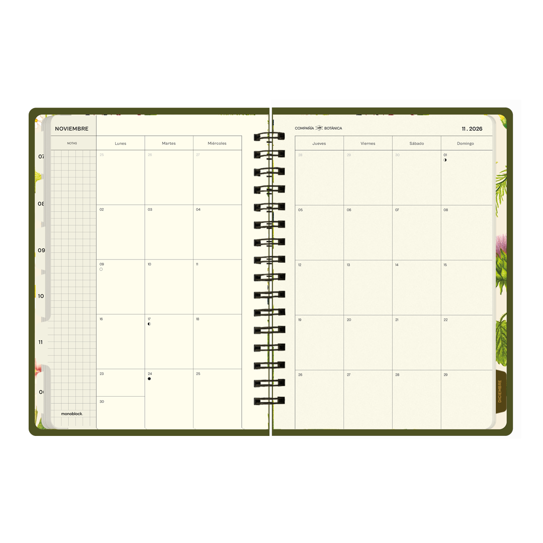 Páginas interiores de la agenda 2026 de Compañía Botánica con calendario mensual de noviembre