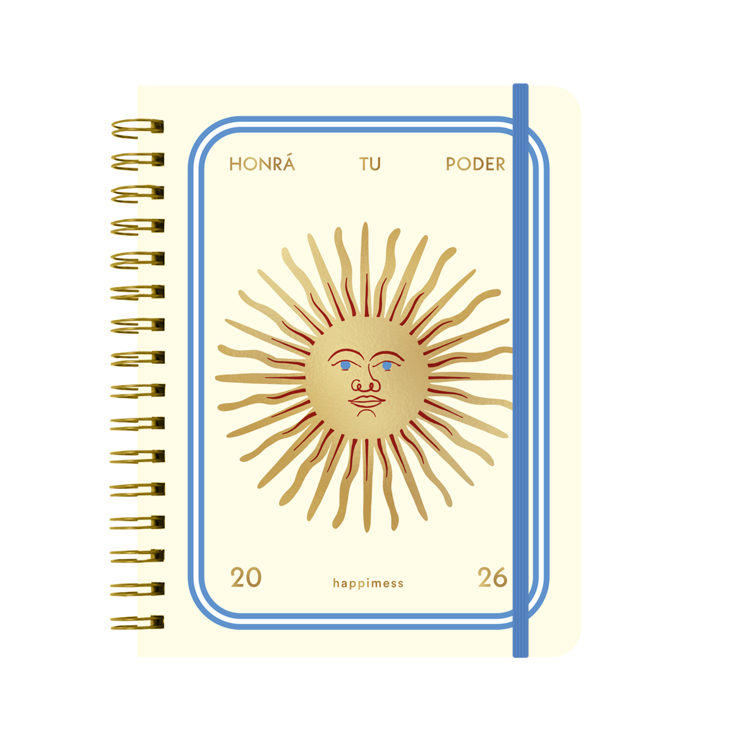Portada con un sol de la agenda de Happimess 2026 Honrá tu poder, con organización semanal