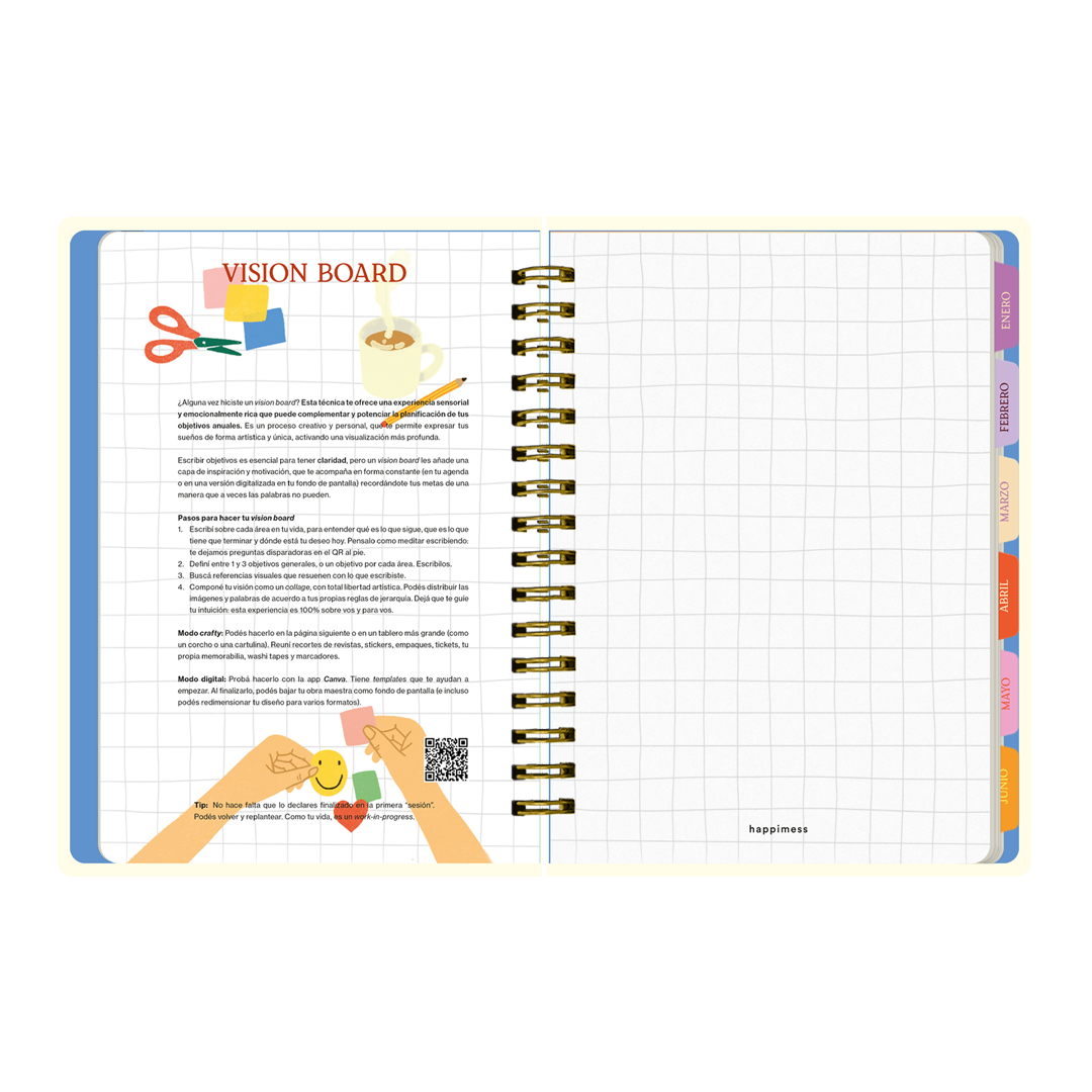 Páginas interiores de la agenda de Happimess 2026 Honrá tu poder, con vision board e instrucciones