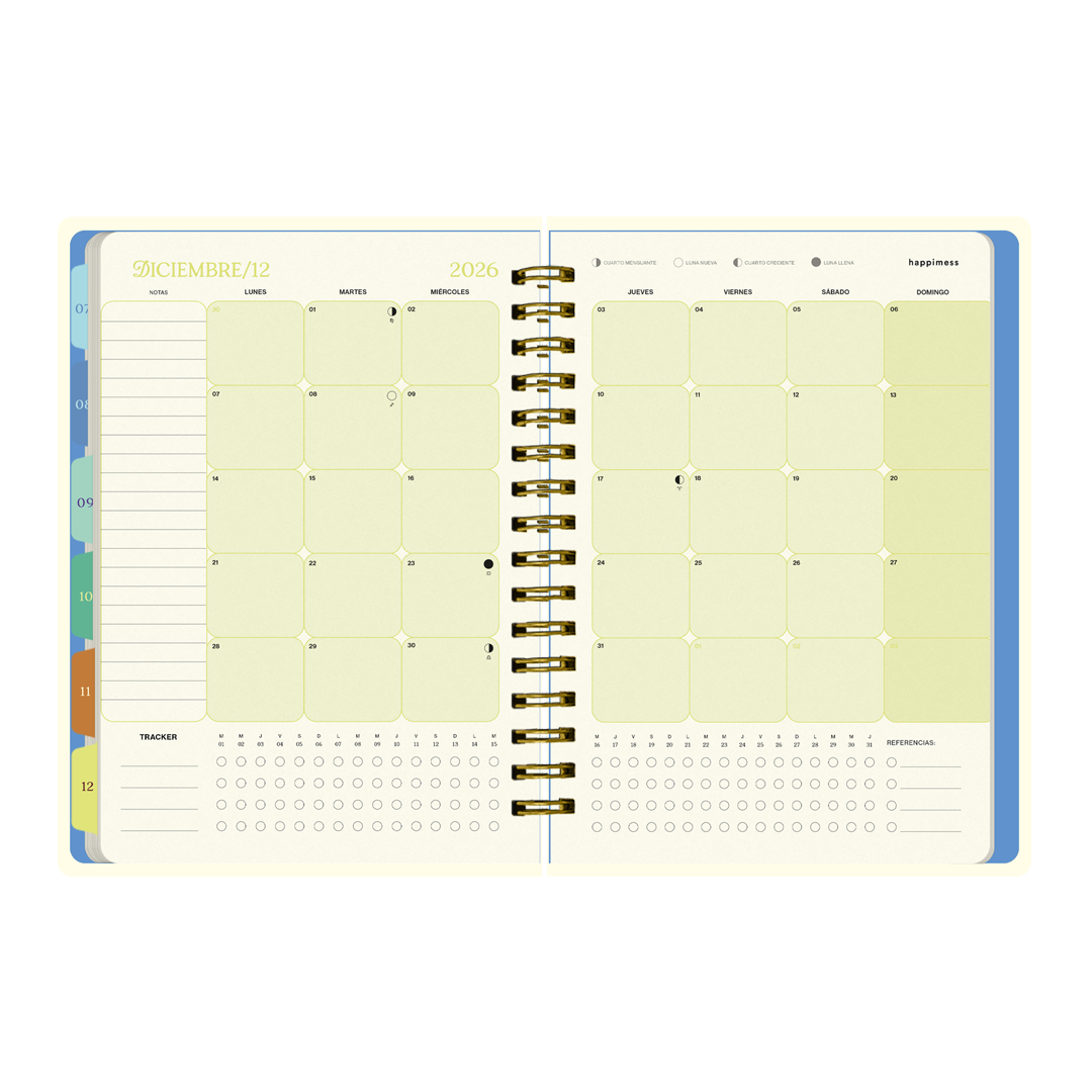Páginas interiores de la agenda de Happimess 2026 Honrá tu poder, con calendario mensual del mes de diciembre