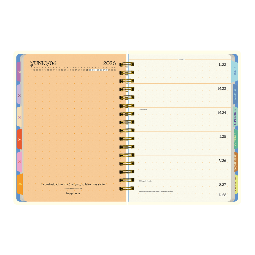 Páginas interiores de la agenda de Happimess 2026 Honrá tu poder, con planificador de junio y organización semanal en franjas horizontales