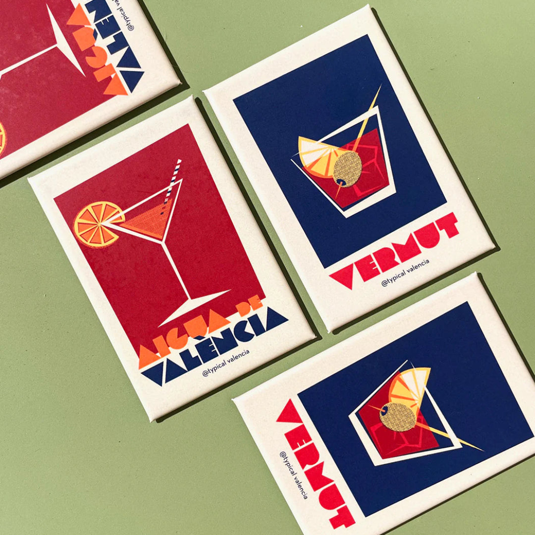 imanes con ilustracion de copas con vermut y agua de valencia