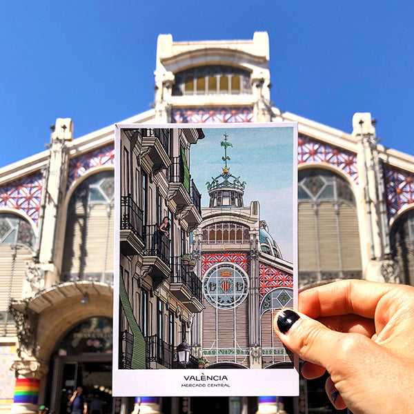 Postal con el mercado Central de Valencia