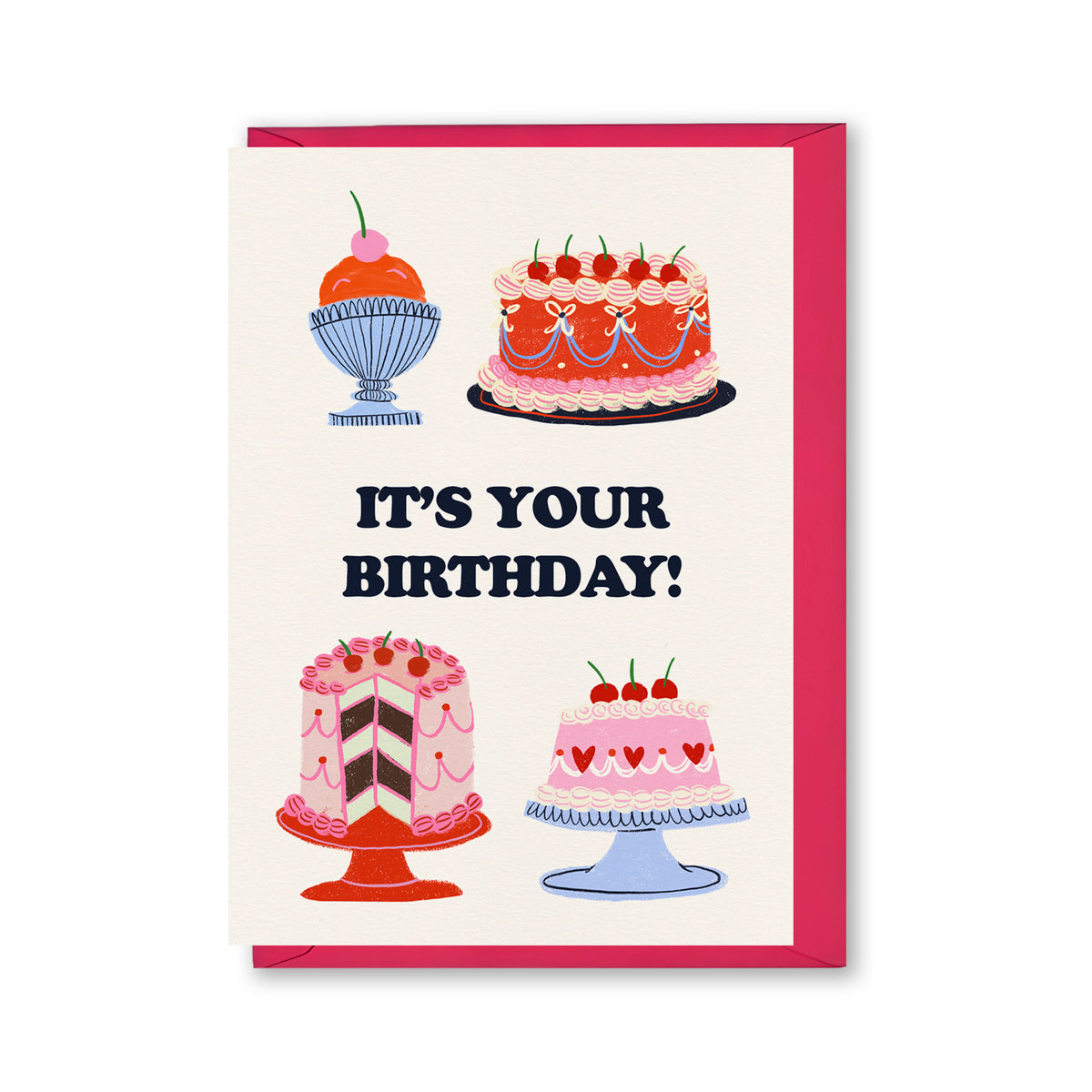 Minitarjeta It's Your BDay de Laura Ortiz, con ilustraciones de tartas y un postre con cereza, junto a un sobre rosa sobre fondo blanco.