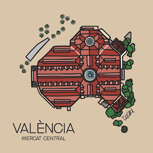 Imán con la ilustración del mercado central de valencia por el artista click