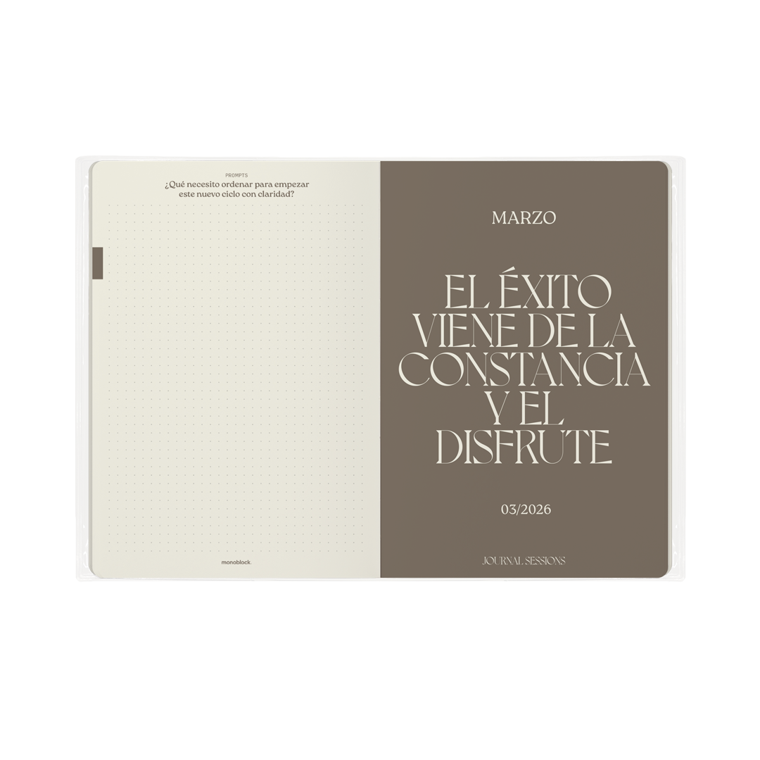 Espacio para escribir y portadilla de marzo en la agenda Journal Sessions 2026