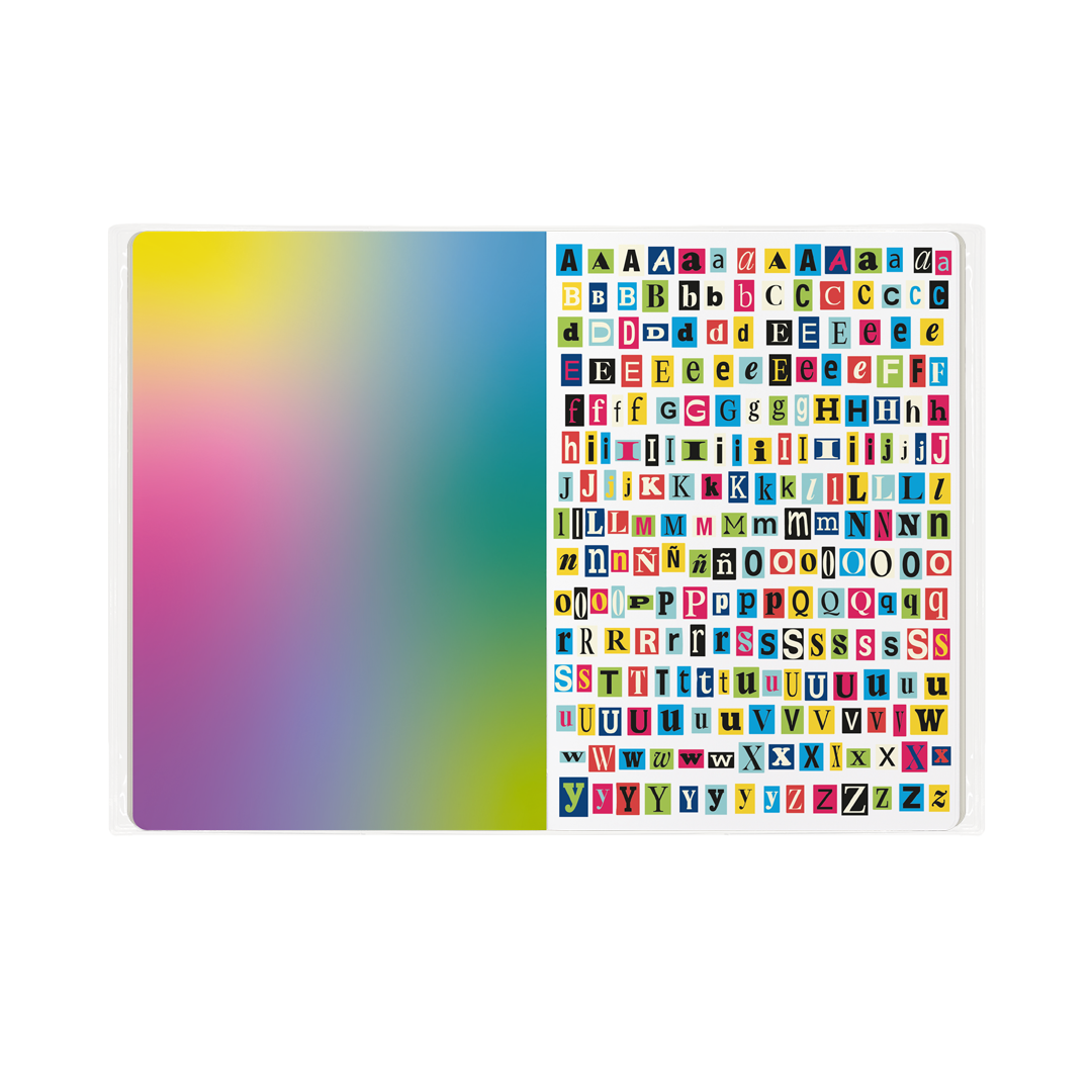 Hojas con letras y colores para scrapbooking en la agenda Journal Sessions 2026