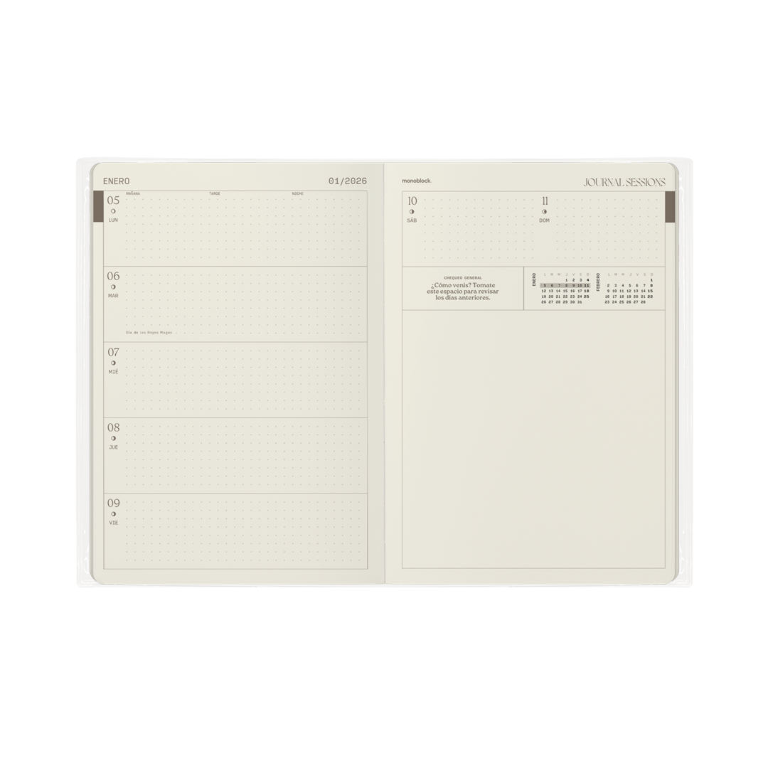 Semana vista y espacio para escribir el diario en la agenda Journal Sessions 2026