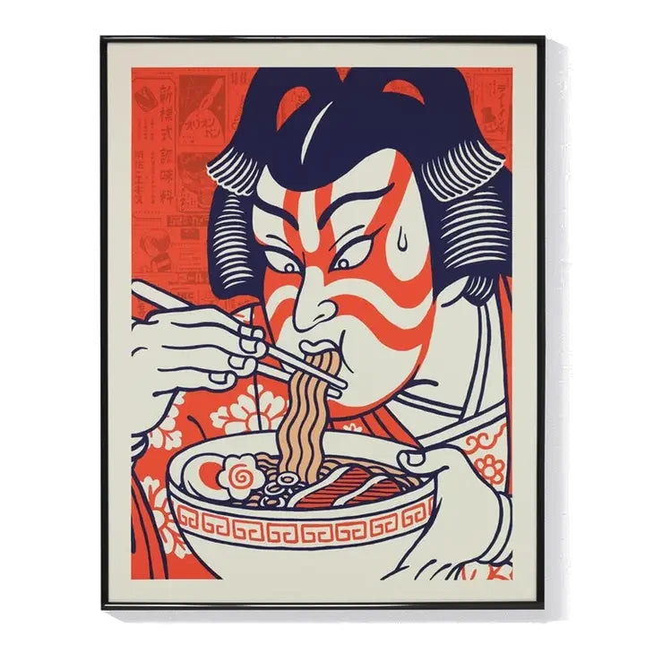 Serigrafía enmarcada de un actor de teatro kabuki comiendo fideos ramen con palillos