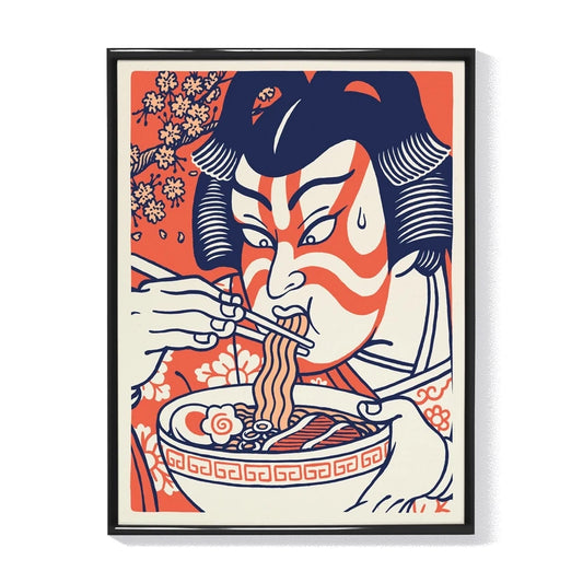 Ilustración enmarcada de un actor de teatro kabuki comiendo fideos ramen con palillos